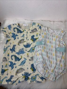 Set of 2 Angel Dear Baby Dinosaur Bunny Print Organic Cotton Rompers